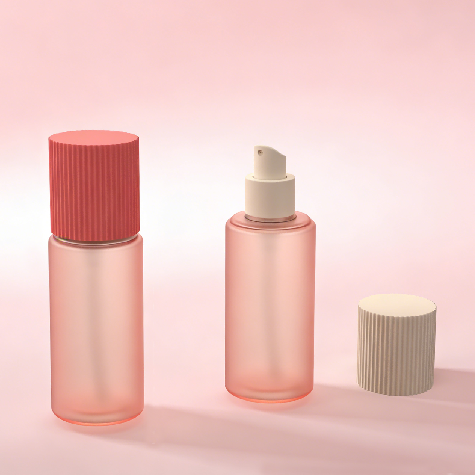 Frosted straight cylinder cosmetic spray bottle, matching vertical ribbed protective screw cap, interchangeable mist pump travel skincare container